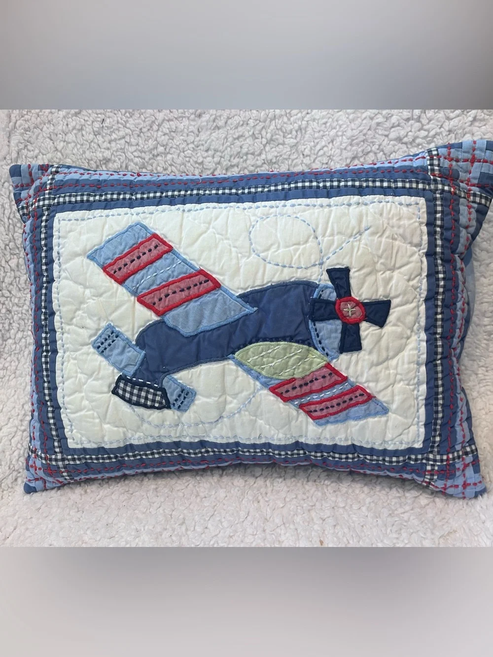 Pottery Barn Kids Denim Blue Pillow White Airplane Quilted Accent Throw 12x16